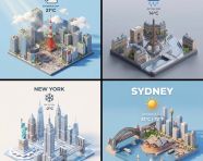 城市俯视等距3D卡通微缩场景