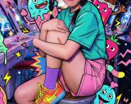 年轻女子侧坐在街机凳上