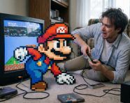 游戏角色试图从电视屏幕爬到客厅