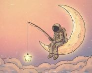 宇航员坐在弯弯的月亮边钓星星