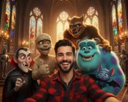 被几个动物环绕的自拍风格照片