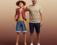 一幅超写实全身肖像与路飞互动