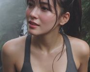 一张抓拍的年轻女子山间徒步照片