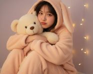 淡桃粉色宽松毛绒睡衣女孩