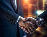 A photo of a digital technology business handshake background