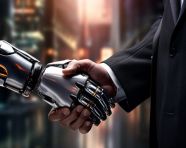 A photo of a digital technology robotic business handshake
