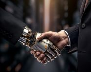 A photo of a digital technology robotic business handshake technology asset background