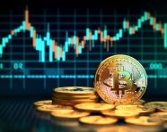 A photo of a bitcoin price chart, blue technology, digital, finance graph