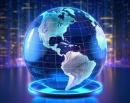 A photo of a digital technology hologram of a globe or map graph background