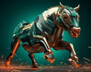 A photo of a digital finance bull, corporate photography
