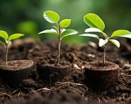 A photo of a picture of seedlings on coins in farm, corporate photography