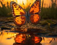 An orange butterfly rests on the edge of a pond at sunset, natur
