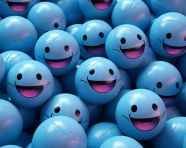 Happy faces in the center of a group of blue balls, emotion, emo