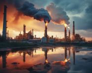 Industrial oil refinery with steam on sunset, industrial, manufa