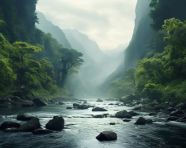 A river runs through some green mountains, nature, landscapes