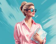 Beautiful woman with shopping bags on blue background, fashion d