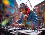 Dj at the mixing board in an urban environment with colorful bac