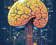Graphic of digital brain combined with electronic board in techn
