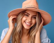 Smiling pretty girl in summer hat and jeans posing, fashion desi