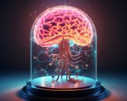 A brain encased in a glass dome floating in a tank of liquid, hu