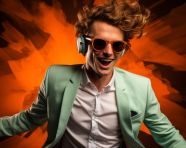 An attractive young man in an orange jacket and white jumpsuit i