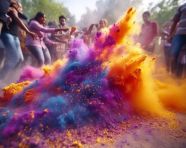 Colorful holi powder flying among people on the ground, festival