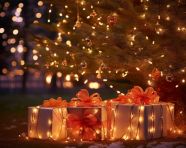 Christmas presents next to the tree with lights on, festivals, c