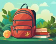 School items are set next to a backpack and books, digital illustration, character illustration