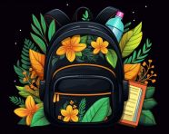 A backpack and school supplies are on a black background, digital illustration, character illustration