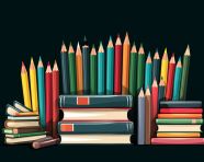 Books in front of a blackboard with pencils and chalk, digital illustration, character illustration