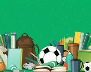 Many teaching devices books back to school supplies on green background with copy space, digital illustration, character illustration