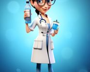 Photo cartoon woman doctor character with big syringe and glass bottle with clear blue liquid, health and medical stock image