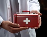 Doctor gives first aid medical kit model to a patient, health and medical stock image