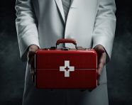 Doctor with a red first aid kit in his hand, health and medical stock image