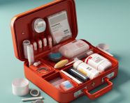 Simple open red first aid kit with with medicines for drugstore category 3d render illustration, health and medical stock image