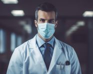 Doctor in medical clothing and blue mask standing, health and medical stock image