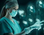 Female surgeon in scrubs and mask is touching digital icons or icons from social media, health and medical stock image