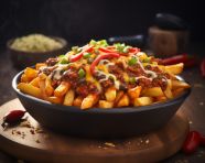A photo of a chili cheese fries, fast food advertisement stock images