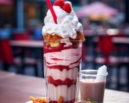 A photo of a strawberry milkshake, beverage advertisement photography inspiration