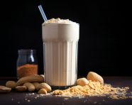 A photo of a peanut butter milkshake, beverage advertisement photography inspiration