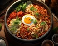 Hong kong breakfast, sunny side up fried egg and luncheon meat on instant noodle