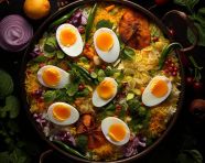 Basmati rice slowly cooked with masala roasted egg and spices served with yogurt dip