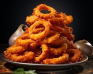 Homemade crunchy fried onion rings with tomato sauce