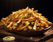 Delicious poutine with cheese curds french fries on the table. so juicy and yummy