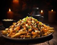 A photo of a poutine, fast food advertisement stock images