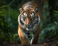 A photo of an amazing bengal tiger walking in the jungle front view, animal in nature photography