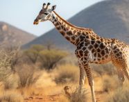 A photo of a giraffe in natural environment full body from a distance side view, animal in nature photography
