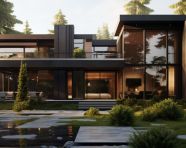 A modern house with trees and plants, architecture stock photo