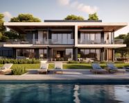 A photo of a luxury residential development with pool, architecture stock photo