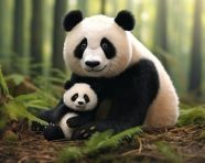 A photo of a beautiful panda with a baby panda happy together in the forest full, animal in nature photography